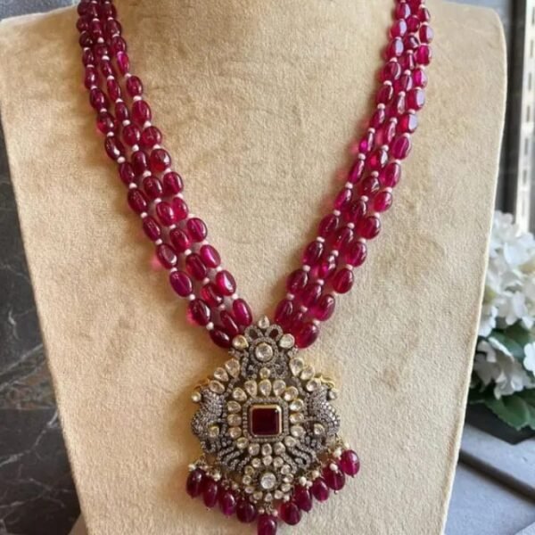 Royal Ruby Bead Necklace with Statement Pendant
